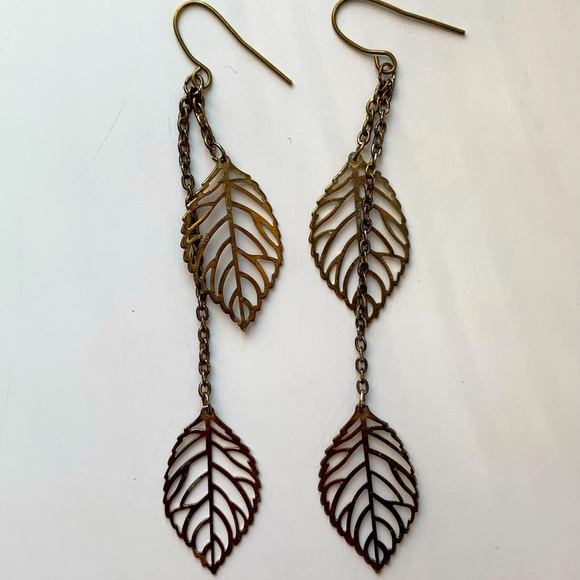 Bronze tone metal leaf dangle earrings - Picture 2 of 3